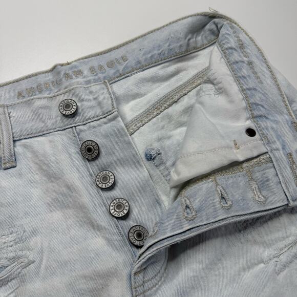 American Eagle | Light Wash Distressed Button Fly 90s Boyfriend Shorts - Picture 4 of 6
